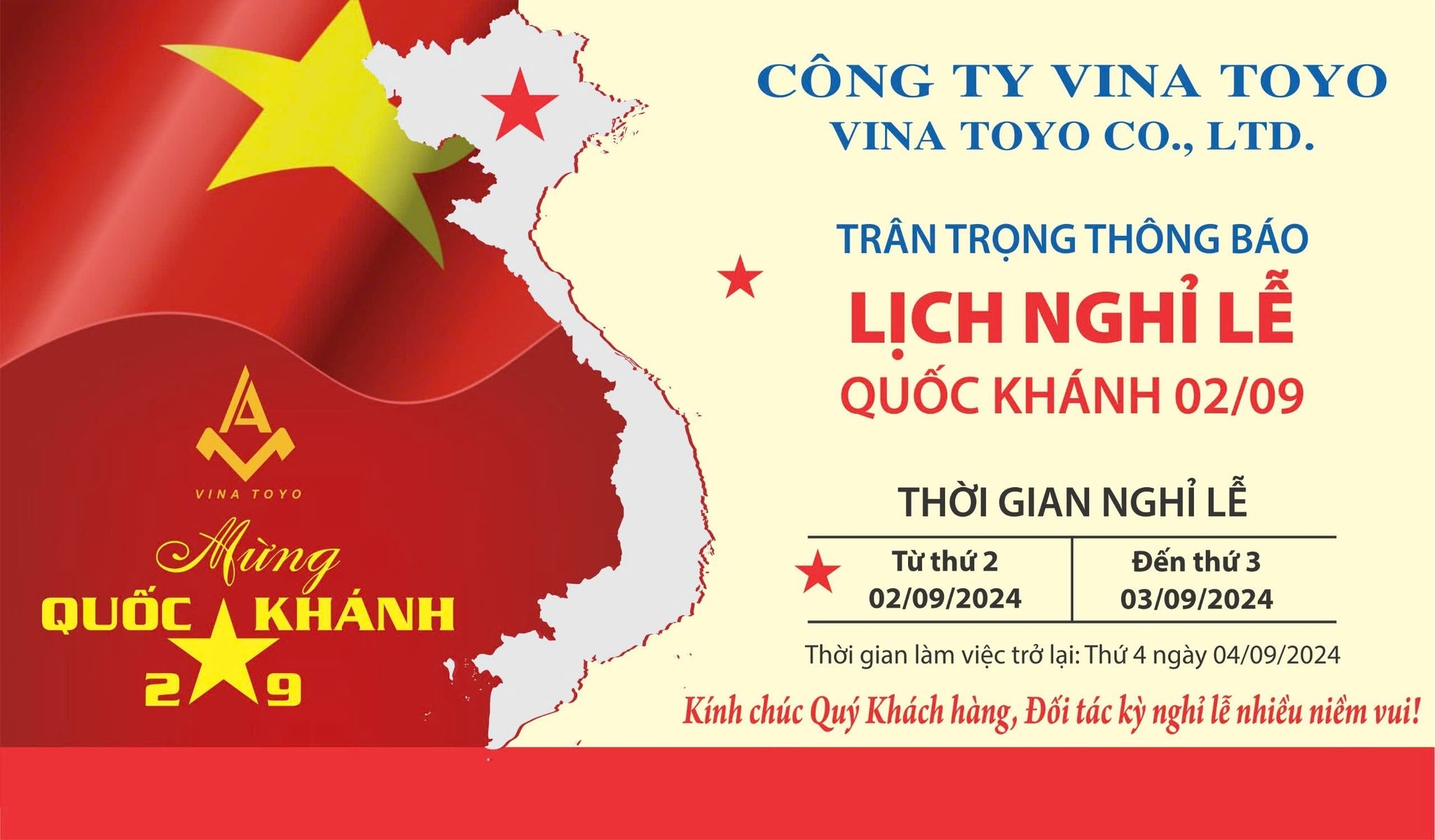 Thông báo lịch nghỉ lễ Quốc Khánh nước CHXHCN Việt Nam 02/09/2024