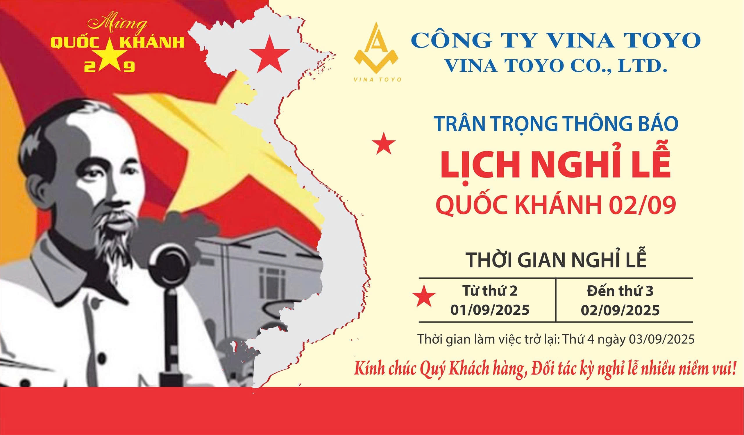 Thông báo lịch nghỉ lễ Quốc Khánh nước CHXHCN Việt Nam 02/09/2025