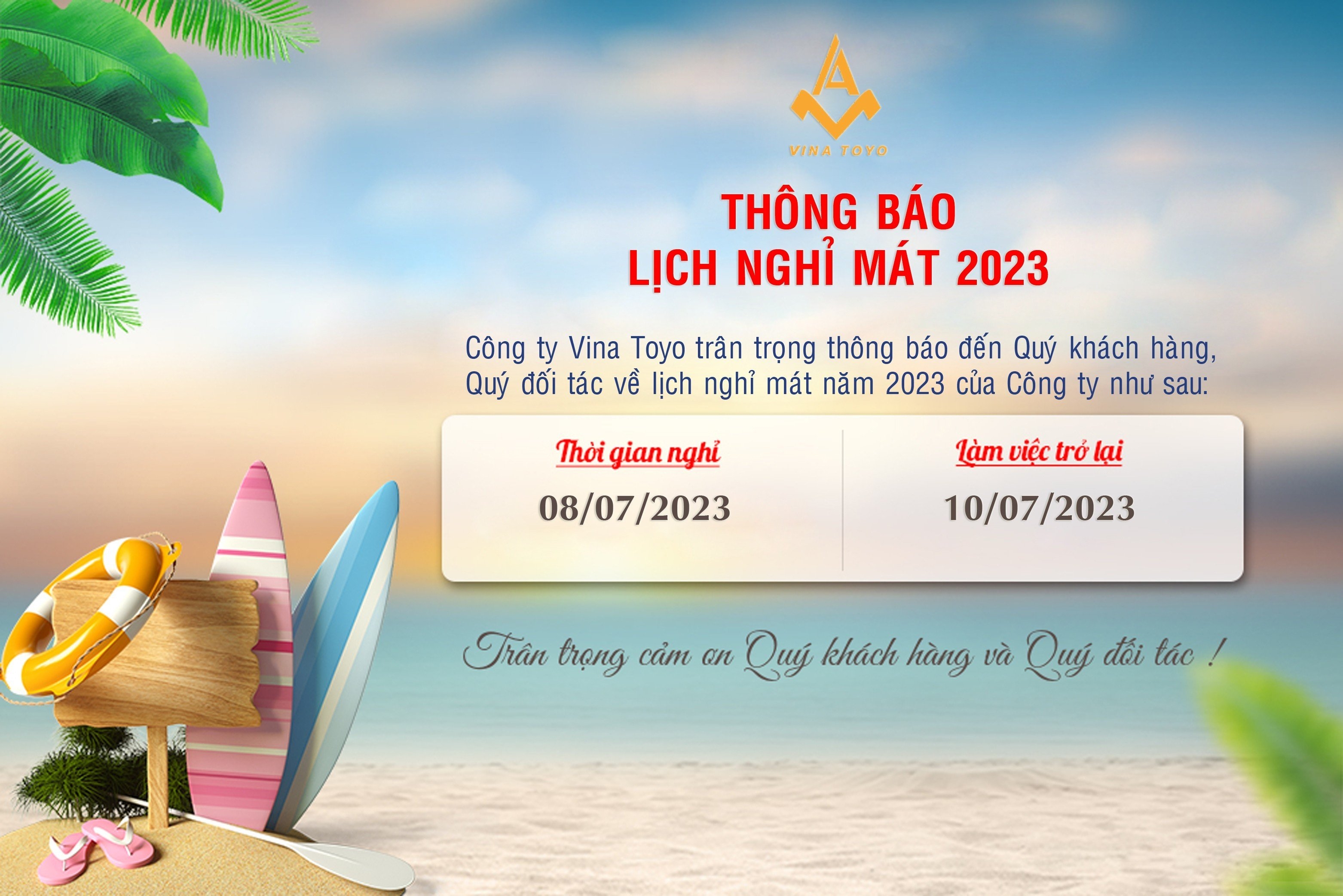 Thông báo lịch nghỉ mát Công ty Vina Toyo năm 2023