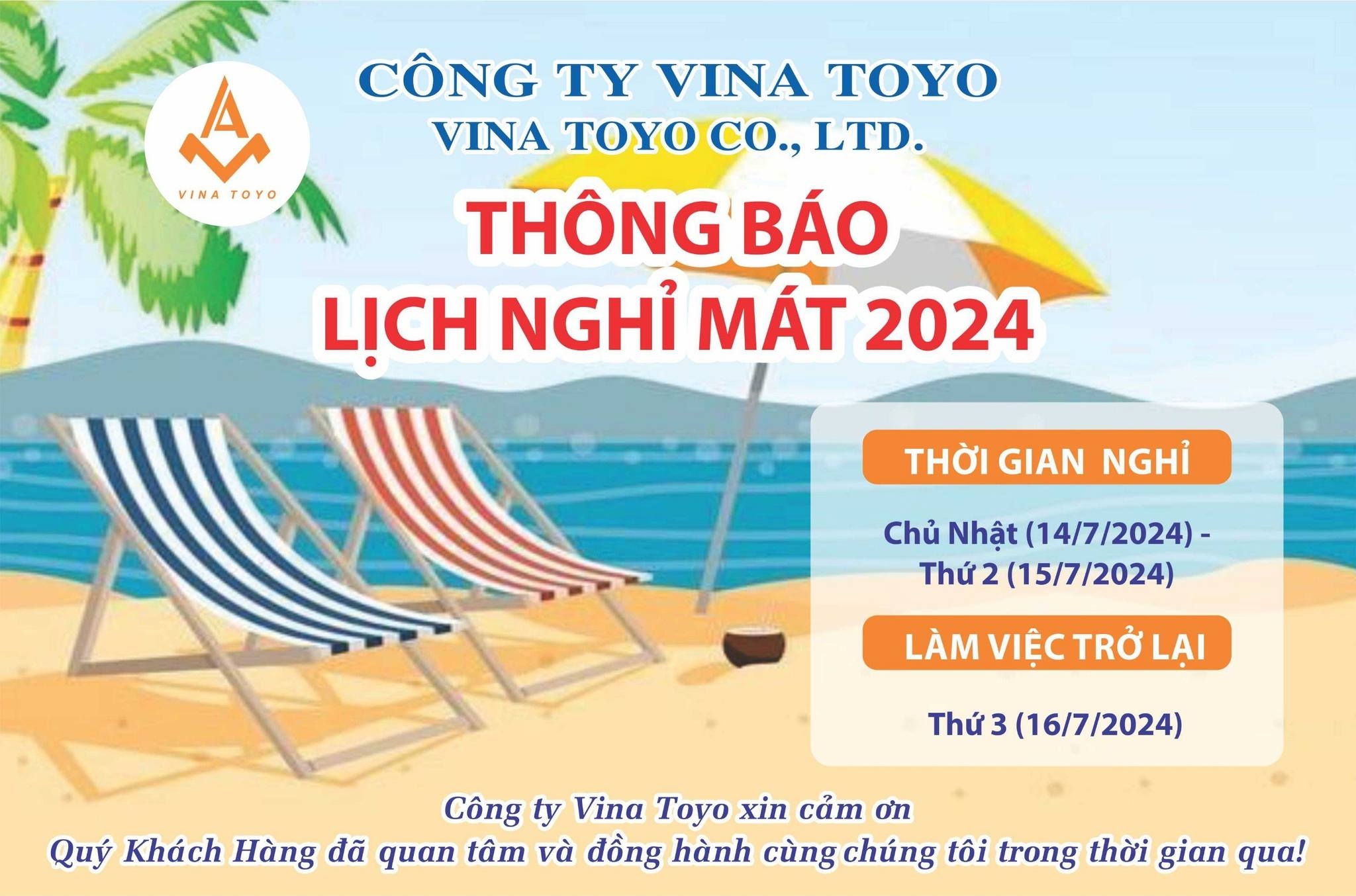 Thông báo lịch nghỉ mát Công ty Vina Toyo năm 2024