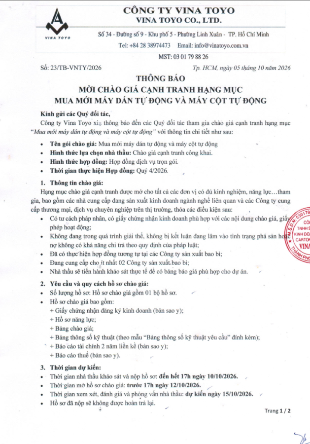 Thông báo mời chào giá cạnh tranh hạng mục Mua mới máy dán và máy cột tự động