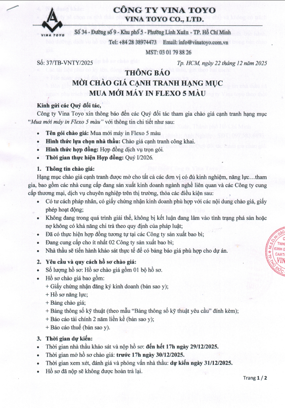 Thông báo mời chào giá cạnh tranh hạng mục mua mới máy in Flexo 5 màu