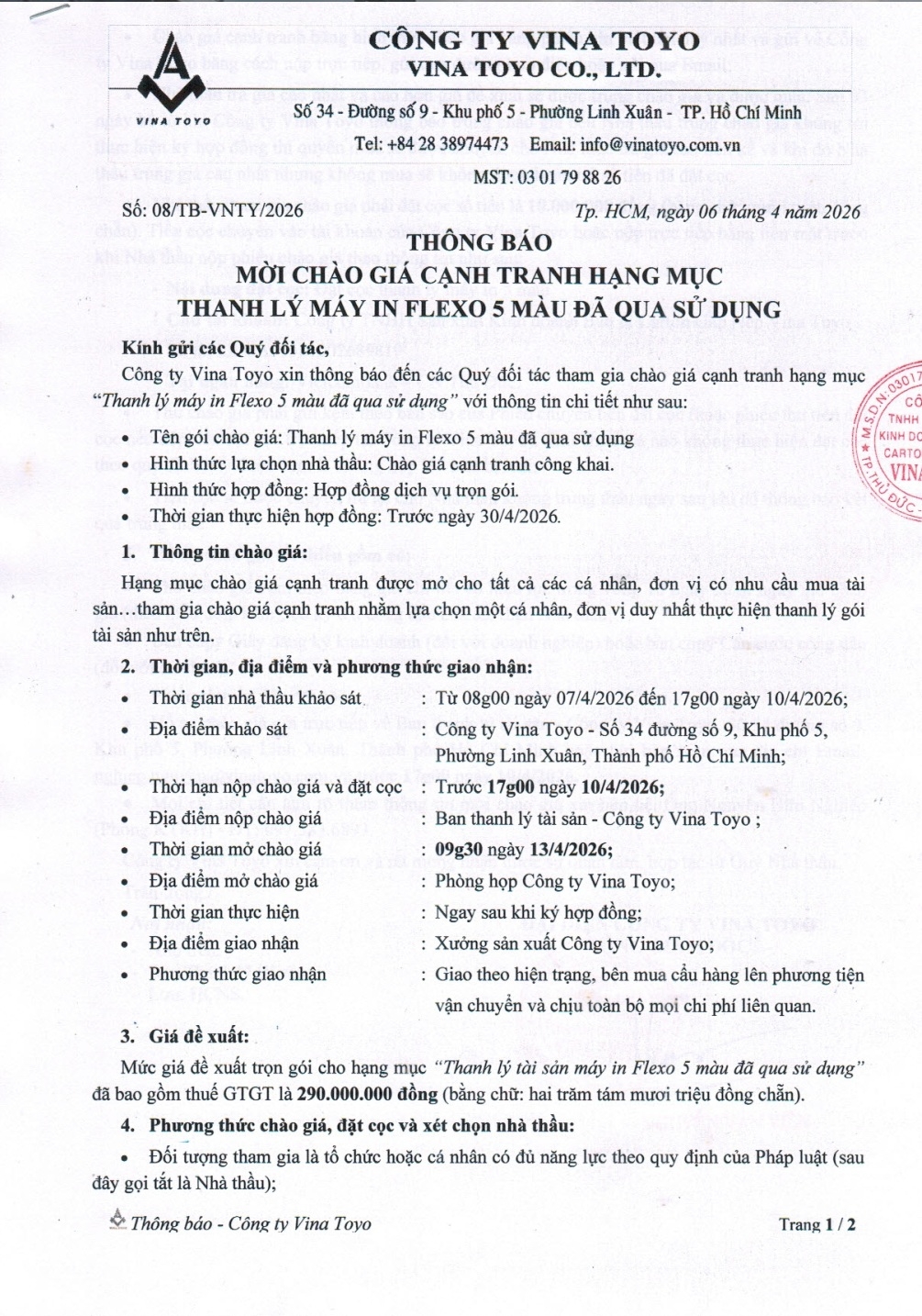Thông báo mời chào giá cạnh tranh hạng mục thanh lý máy in Flexo 5 màu đã qua sử dụng