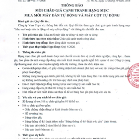 Thông báo mời chào giá cạnh tranh hạng mục Mua mới máy dán và máy cột tự động